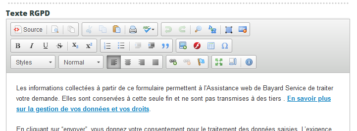 Le champ Texte RGPD